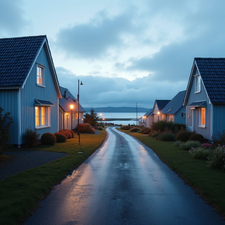 Ulica w Grindavik z widokiem na Blue Lagoon, spokojna i malownicza
