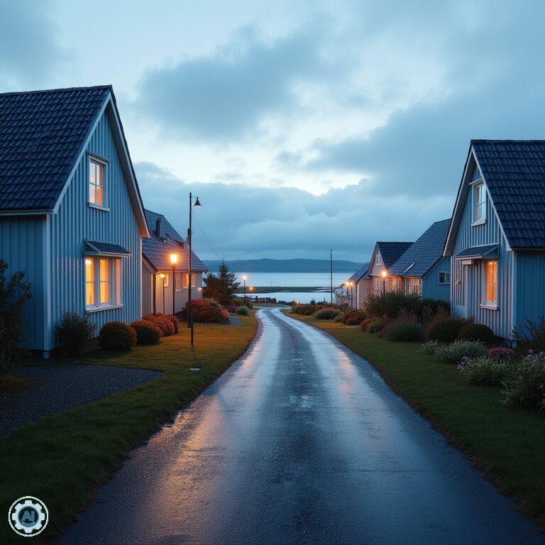 Ulica w Grindavik z widokiem na Blue Lagoon, spokojna i malownicza