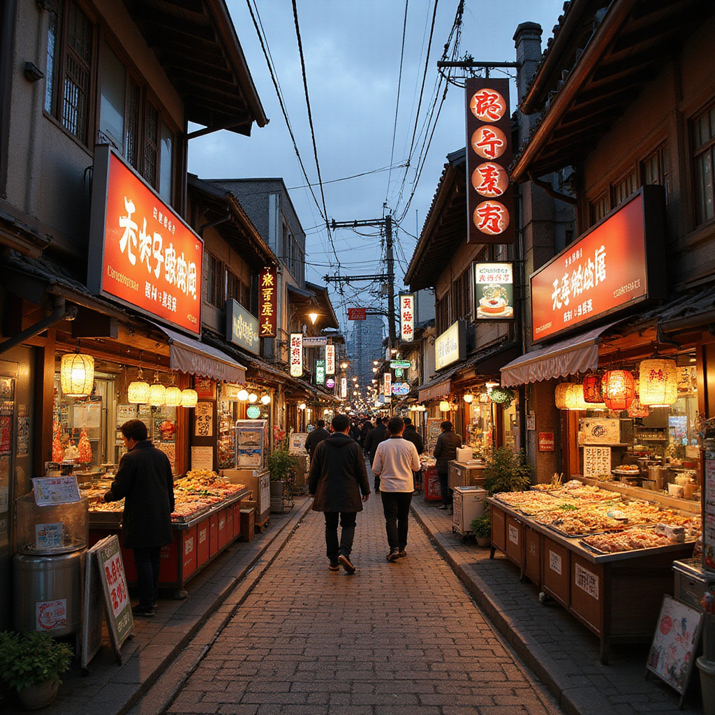 Ulica w Hiroszimie z tradycyjnymi sklepami i restauracjami serwującymi okonomiyaki