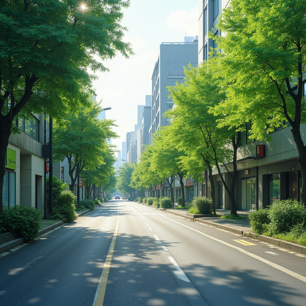 Ulica w Hiroszimie z widokiem na odradzającą się zieleń i nowoczesne budynki