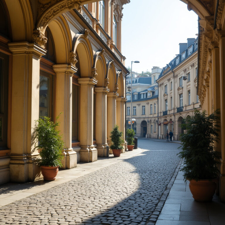 Ulica w Karlowych Warach z widokiem na kolumnady i zabytkowe budynki