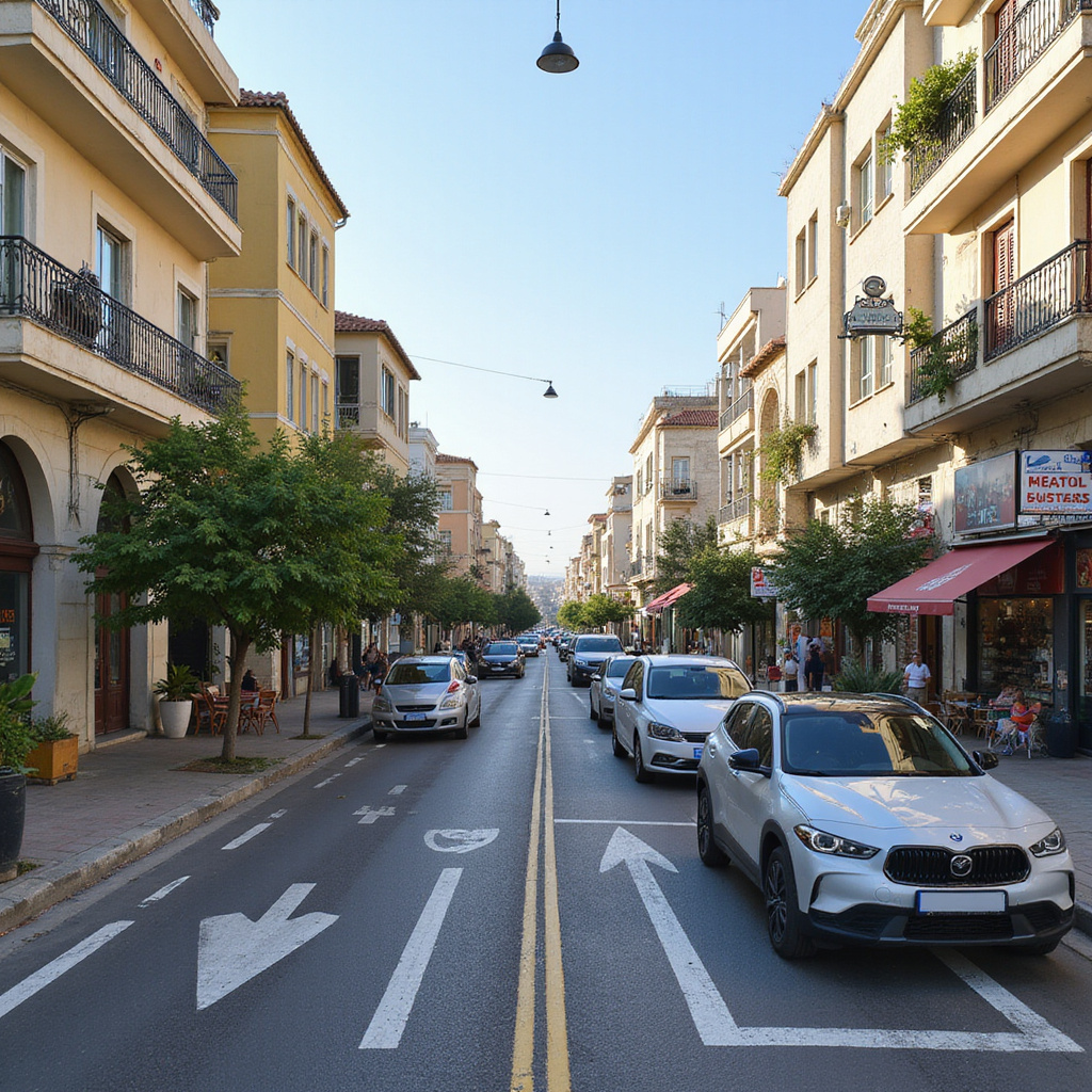Ulica w Limassol z widocznym ruchem lewostronnym i lokalnymi sklepami