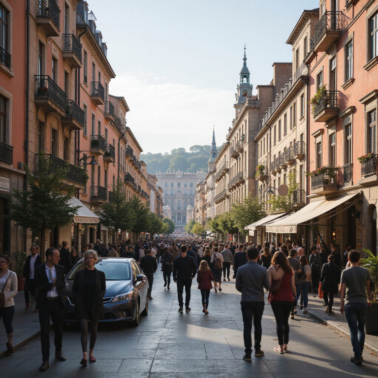 Ulica w Madrycie z widokiem na Pałac Królewski, idealna na spacer