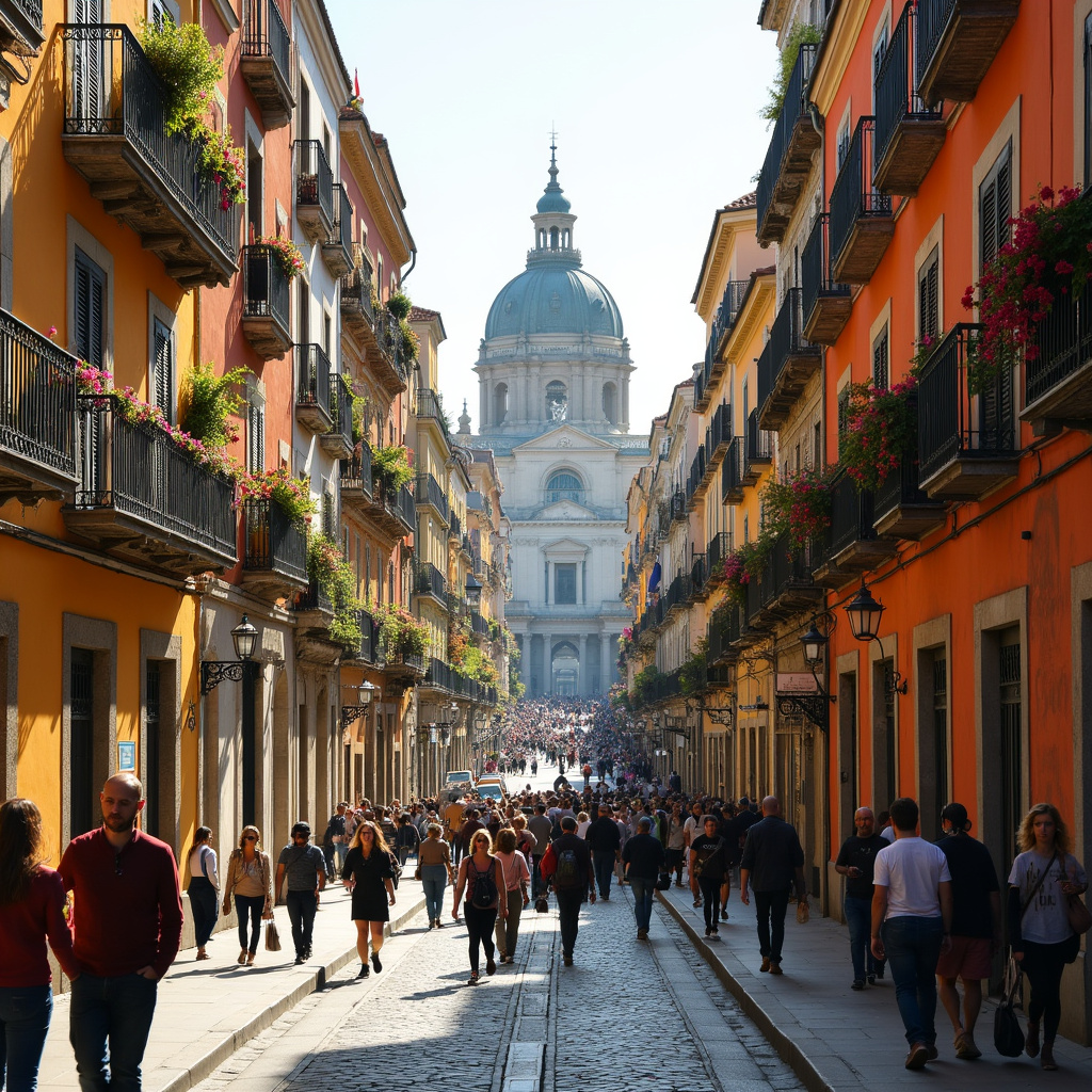Ulica w Madrycie prowadząca do Pałacu Królewskiego, hiszpańska atmosfera