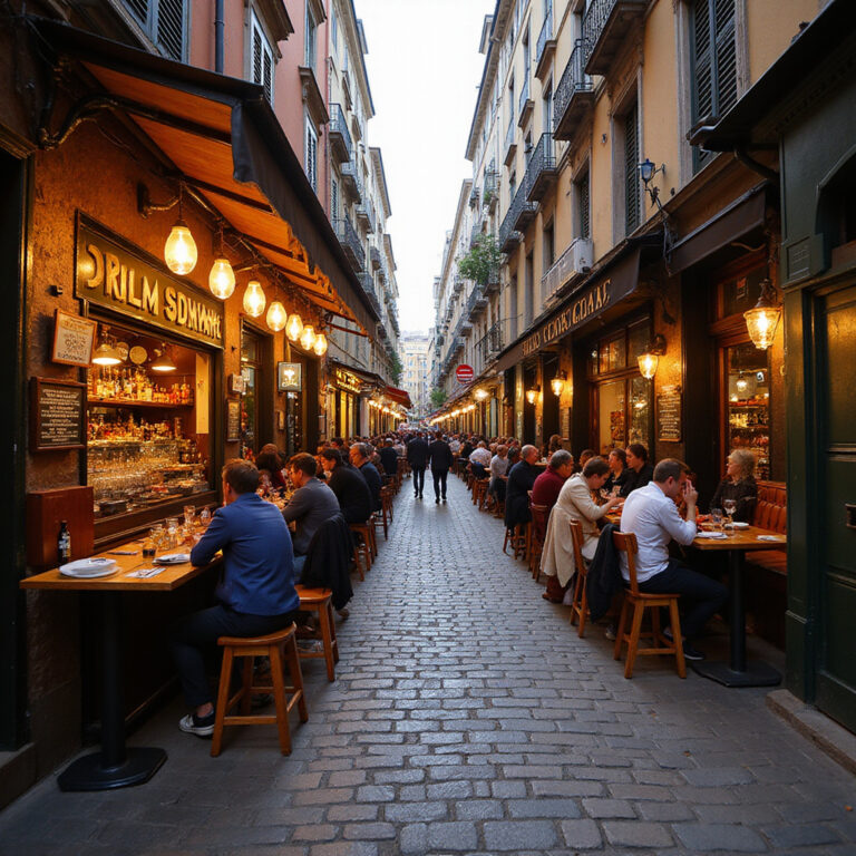 Ulica w Madrycie z tradycyjnymi barami tapas, gdzie zjeść lokalne przysmaki