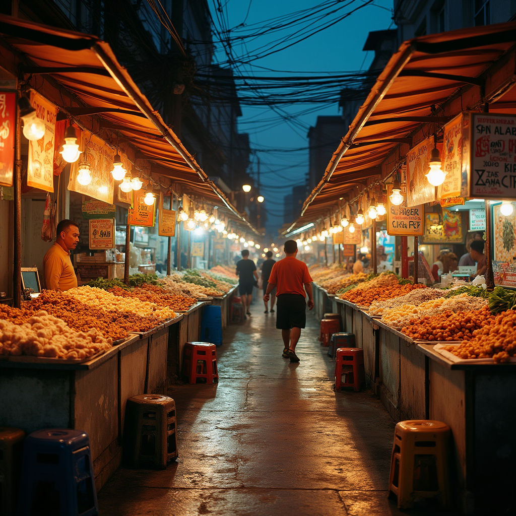 Ulica w Manili z lokalnymi straganami oferującymi filipińskie przysmaki