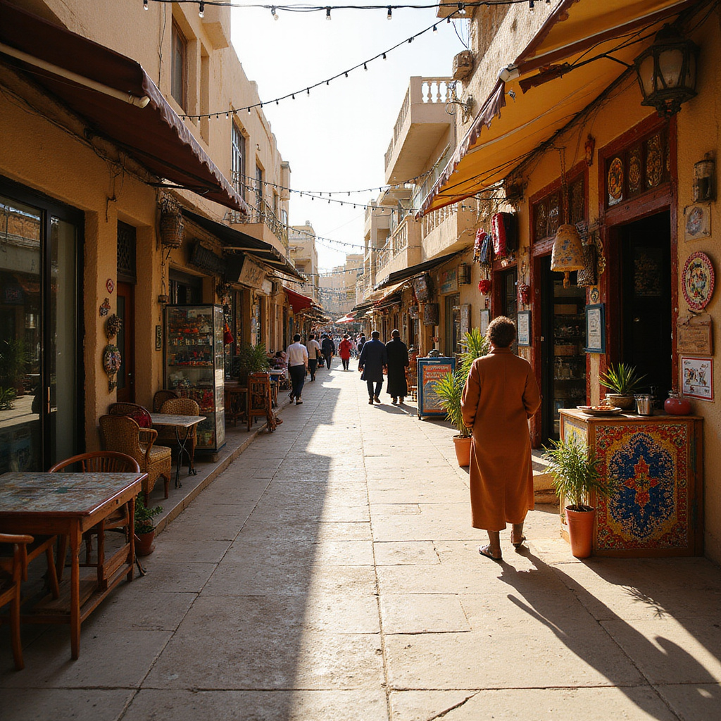 Ulica w Marsa Alam z lokalnymi sklepami i restauracjami - autentyczna egipska atmosfera