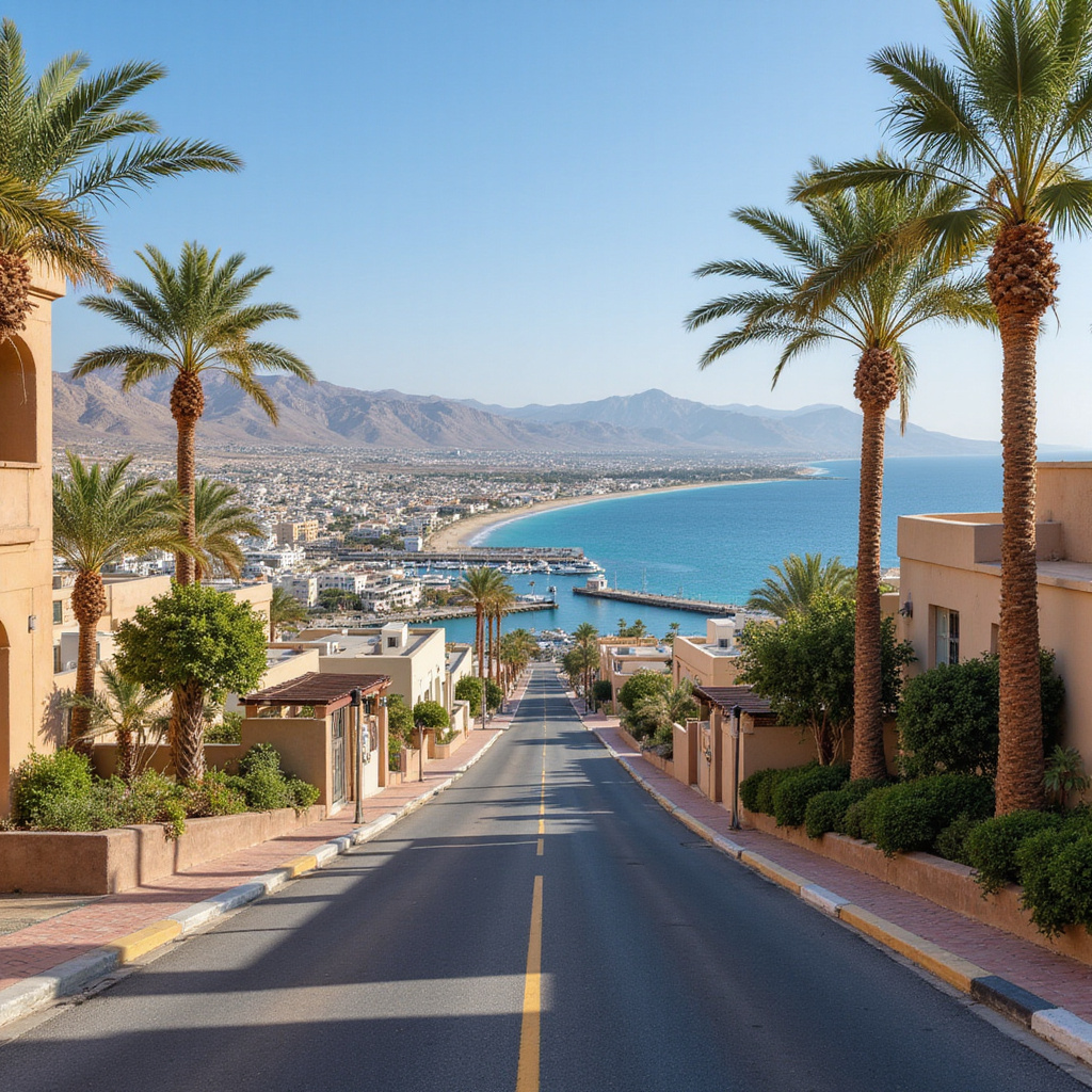 Ulica w Marsa Alam prowadząca do mariny z widokiem na Morze Czerwone