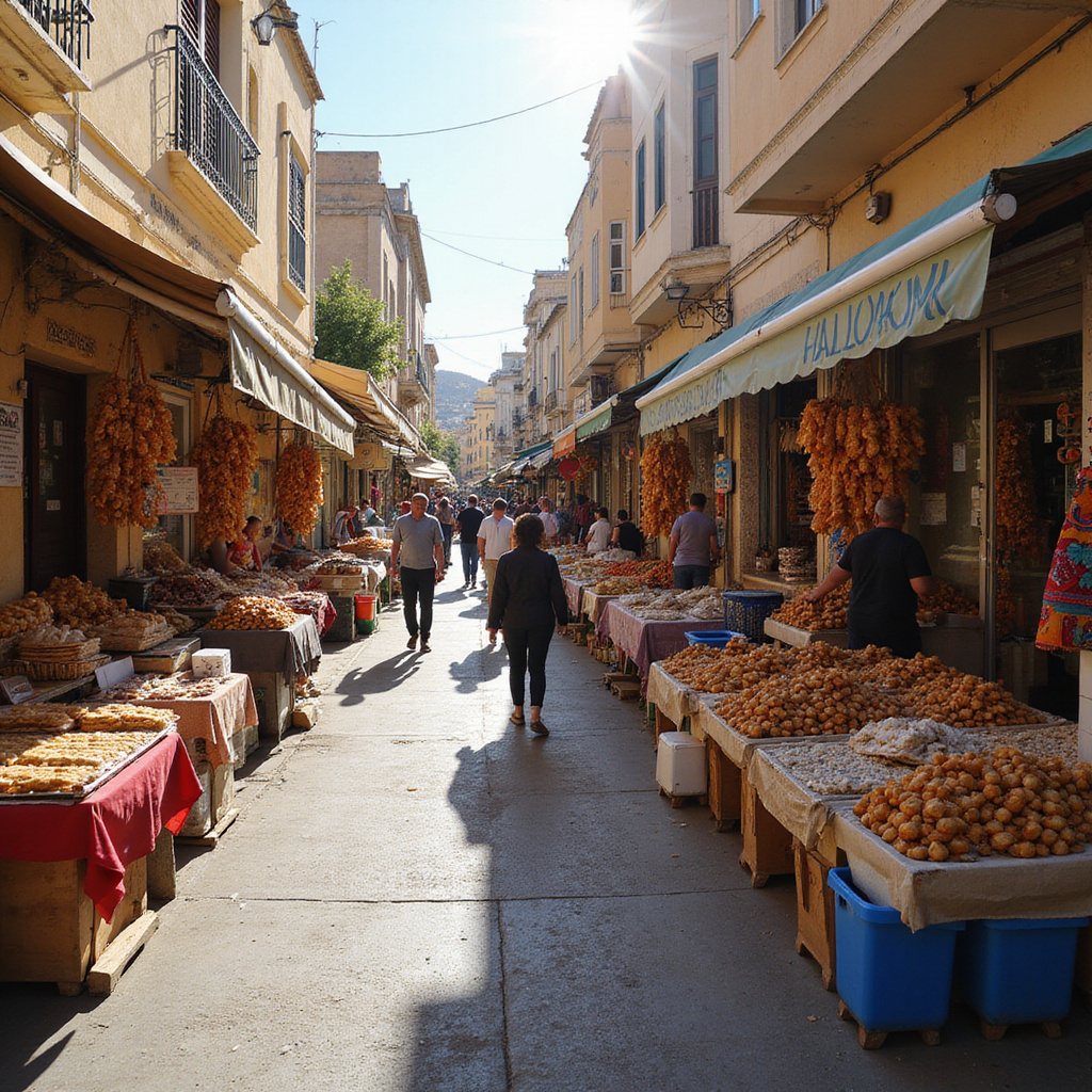 Ulica w Nikozji z lokalnym targiem oferującym świeże halloumi