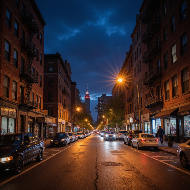 Ulica w Nowym Jorku nocą z widokiem na bezpieczne dzielnice Nowego Jorku i jasne światła