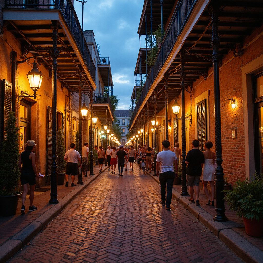 Ulica w Nowym Orleanie z jazzowym klubem i restauracją w tle