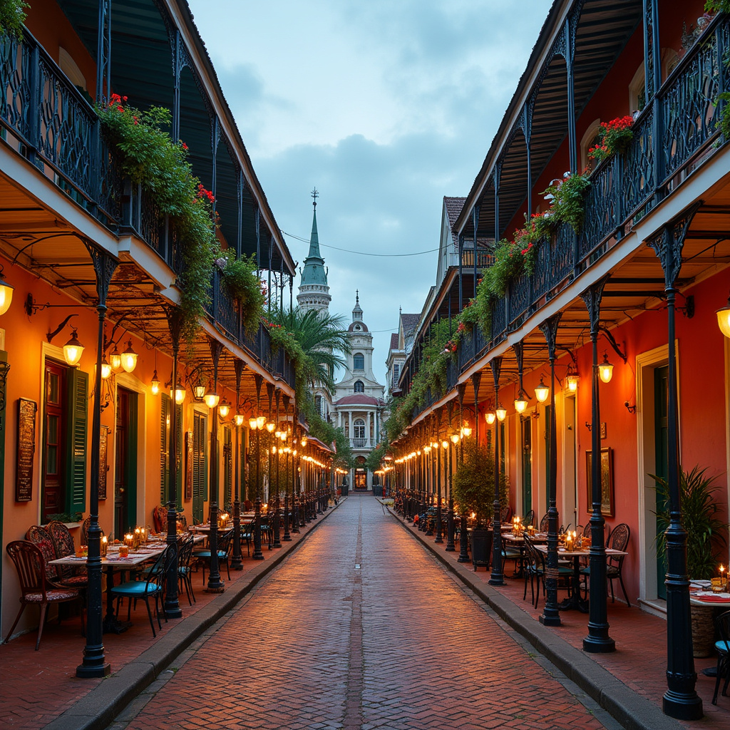 Ulica w Nowym Orleanie z restauracjami serwującymi lokalne przysmaki, w tle kolorowe kamienice