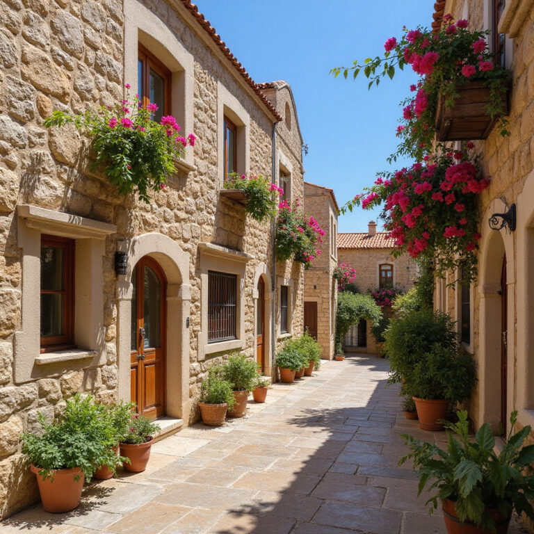 Urokliwa ulica w Pafos z tradycyjnymi kamienicami i kwiatami