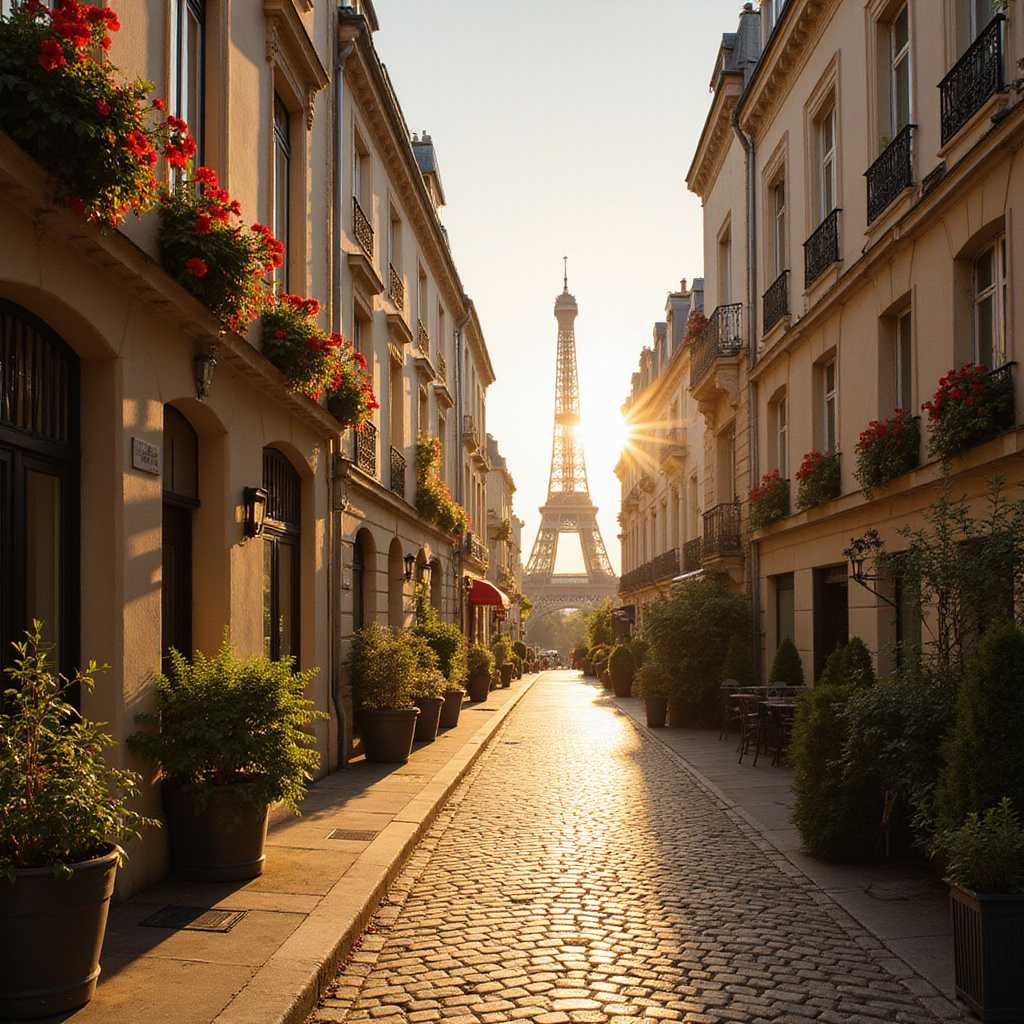 Ulica w Paryżu z widokiem na wieżę Eiffla w oddali