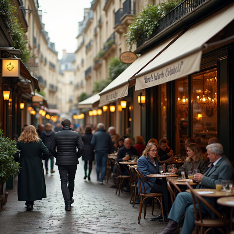 Ulica w Paryżu z kawiarnią, gdzie mieszkańcy stosują savoir-vivre