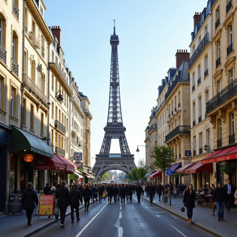 Ulica w Paryżu z widokiem na Wieżę Eiffla, bezpieczne zwiedzanie Paryża, turystyczna atmosfera