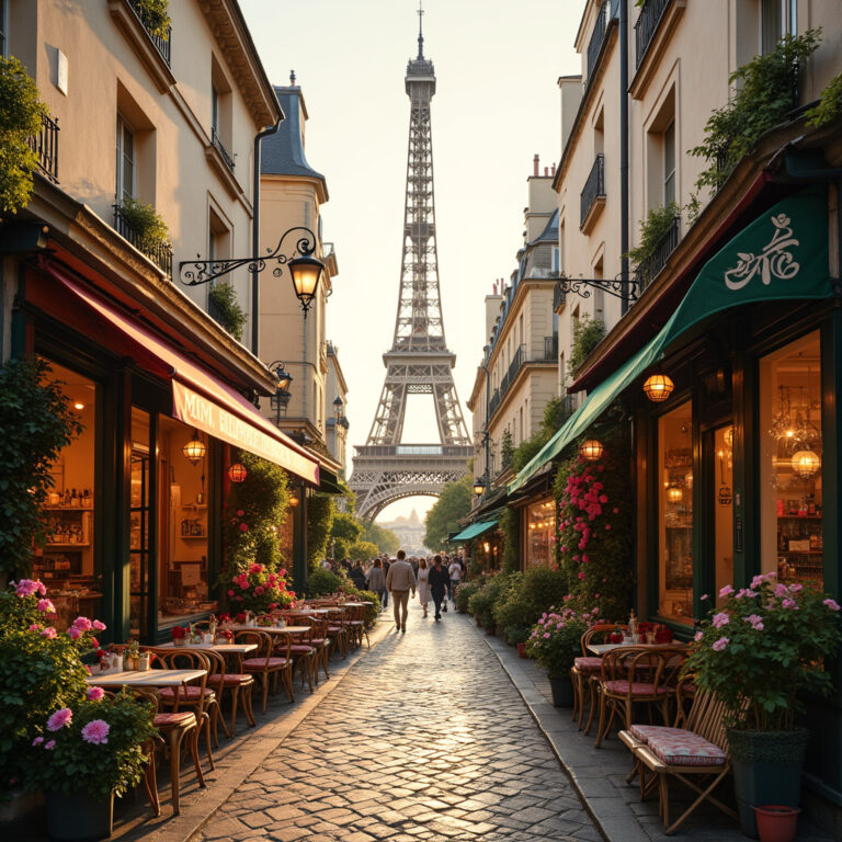 Ulica w Paryżu z widokiem na wieżę Eiffla, idealna na spacer