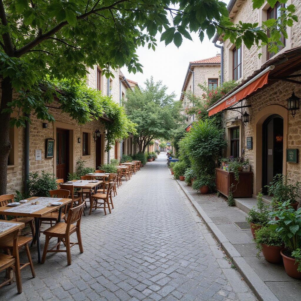 Spokojna ulica w Polis Chrysochous z lokalnymi tawernami i zielenią