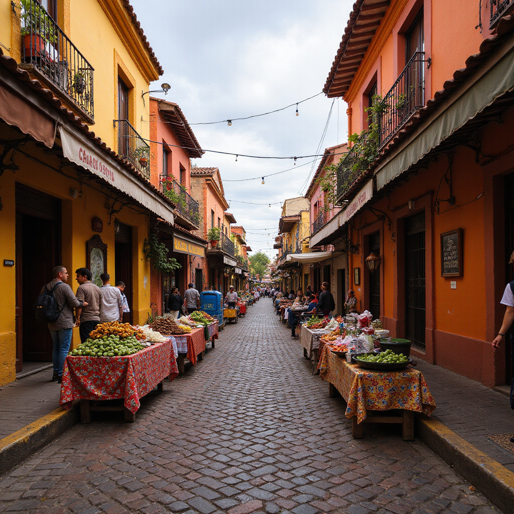 Ulica w Puebli z kolorowymi straganami i aromatem mole