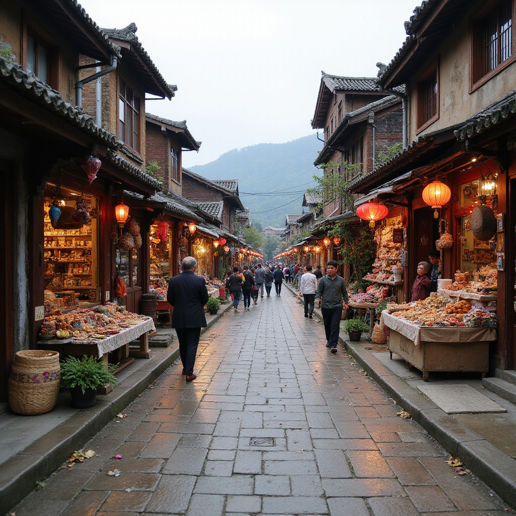 Ulica w Sapa z lokalnymi straganami i tradycyjnymi domami