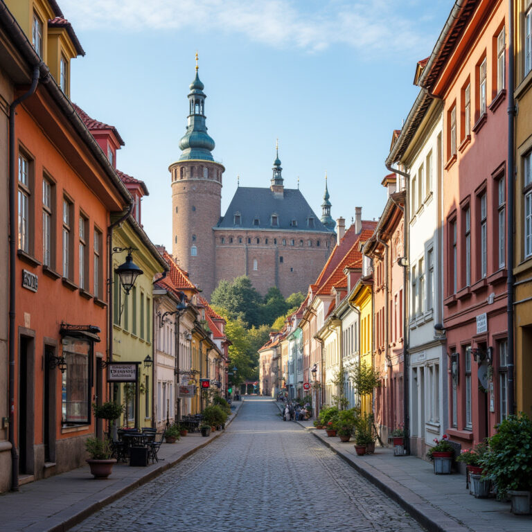 Ulica w Szczecinie z widokiem na Zamek Książąt Pomorskich, architektura i historia
