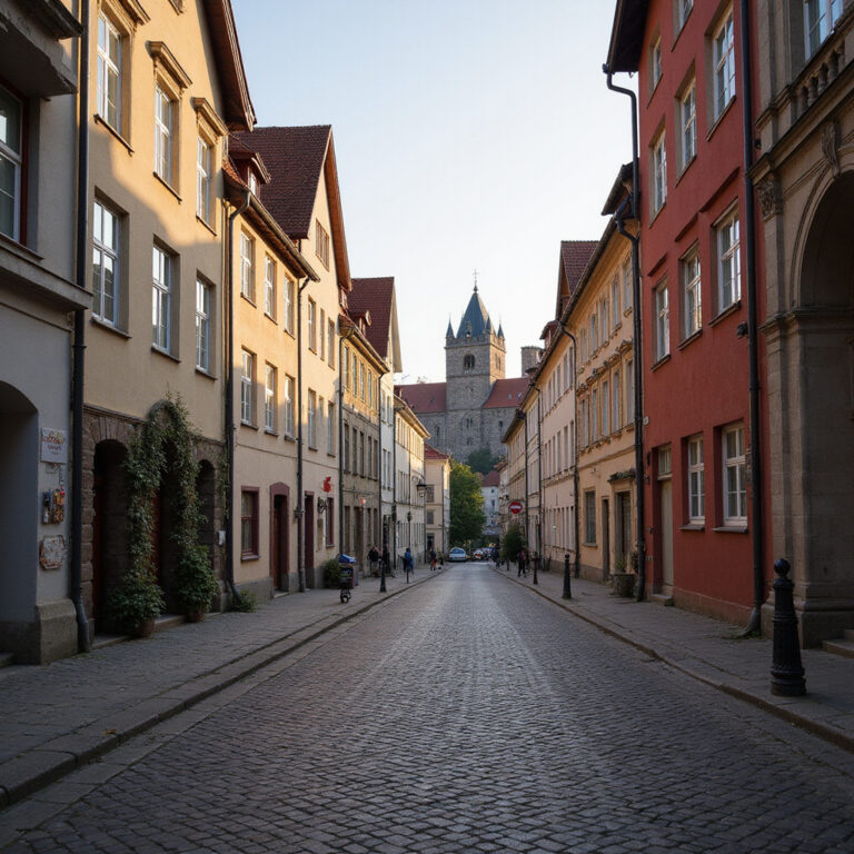 Ulica w Ventspils z widokiem na Zamek Orderu Inflanckiego, historyczna architektura i brukowane chodniki