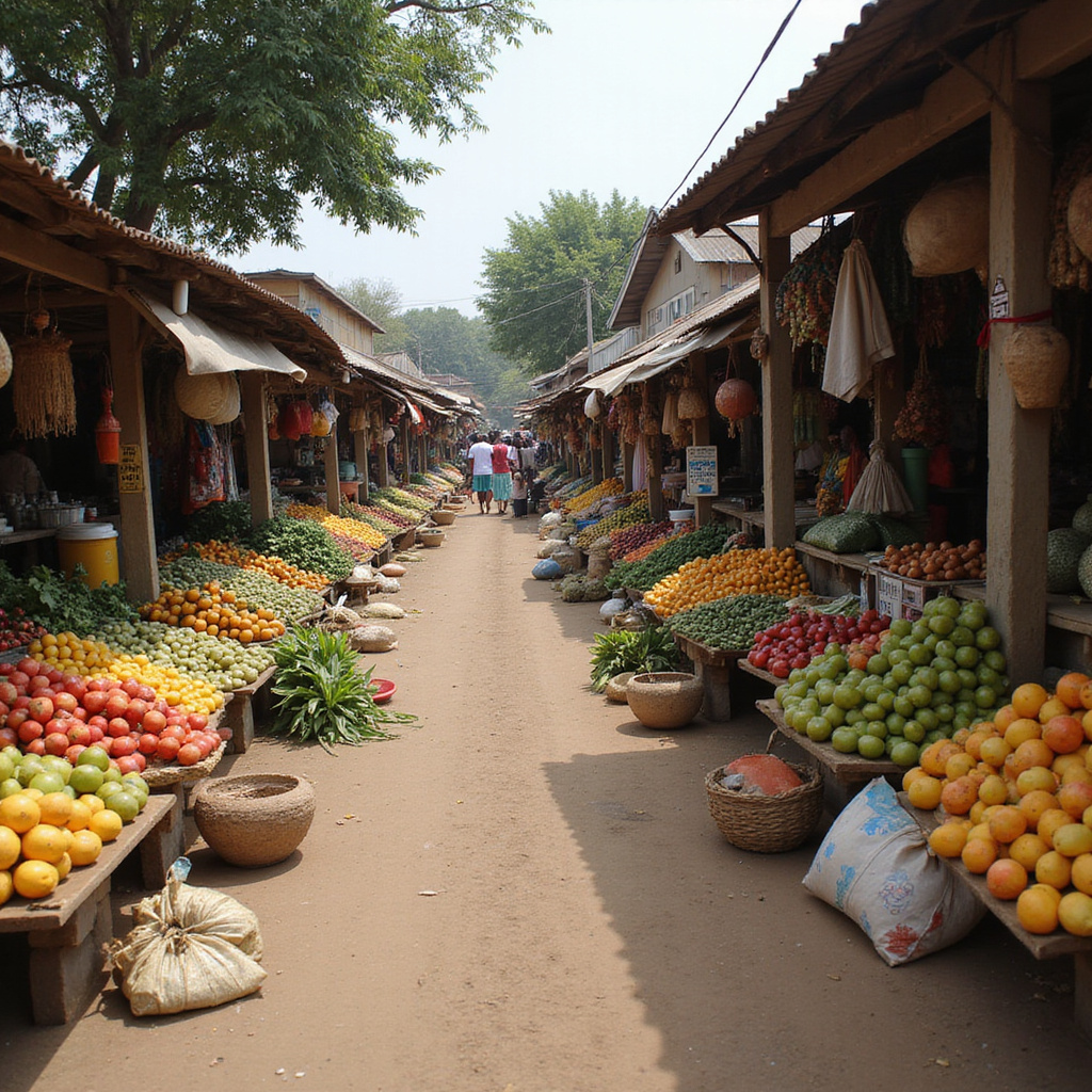 ulica w Watamu z lokalnymi straganami peĆnymi owocĂłw tropikalnych Kenia i ĆwieĆŒych warzyw