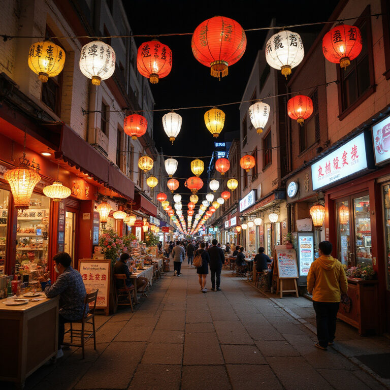 Ulica w Yokohama Chinatown z kolorowymi lampionami i restauracjami