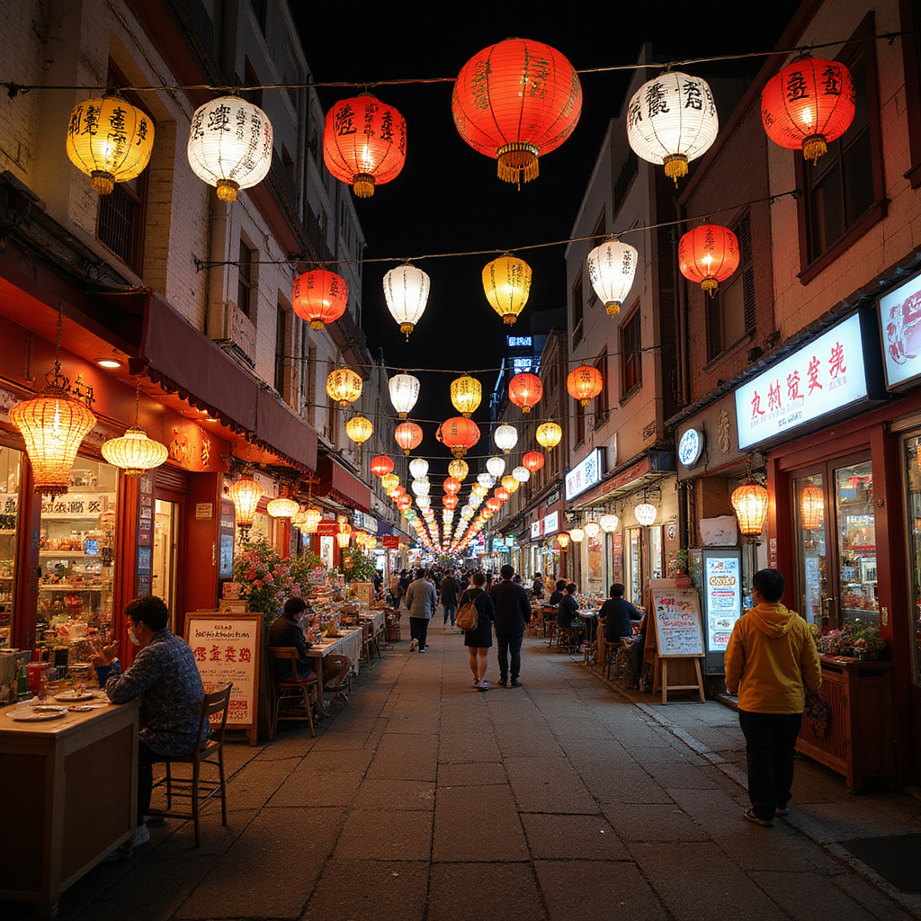 Ulica w Yokohama Chinatown z kolorowymi lampionami i restauracjami