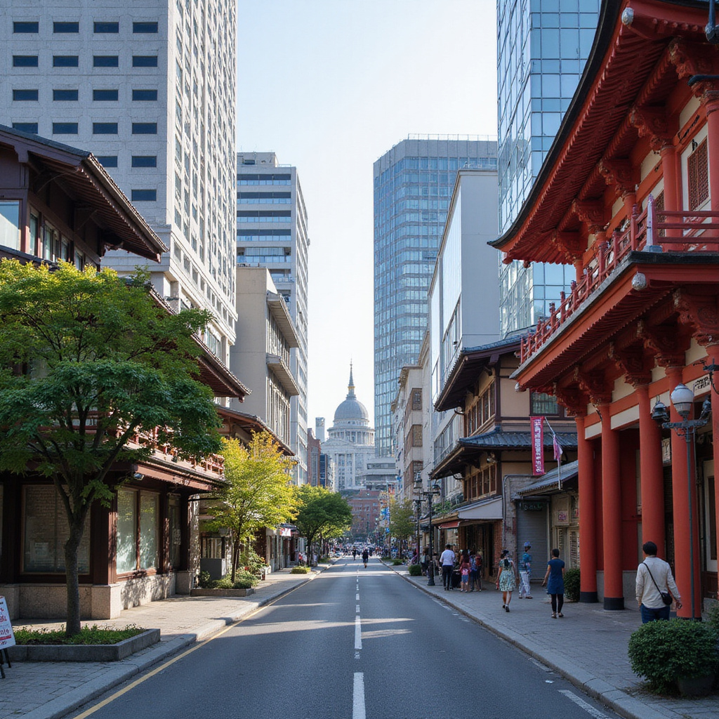 Ulica w Yokohamie z widokiem na drapacze chmur i tradycyjne świątynie, idealna na zwiedzanie Yokohamy