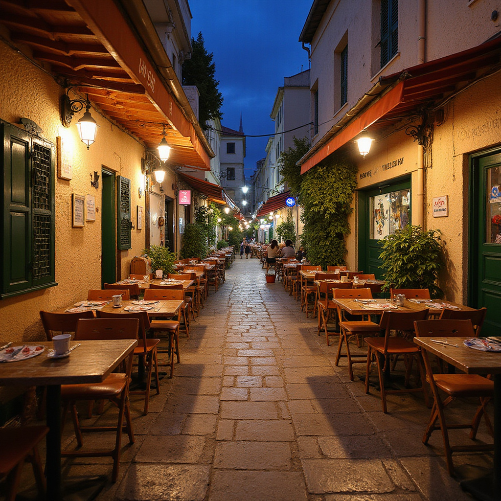 Ulica w Nikozji z restauracjami serwującymi lokalne dania wegetariańskie