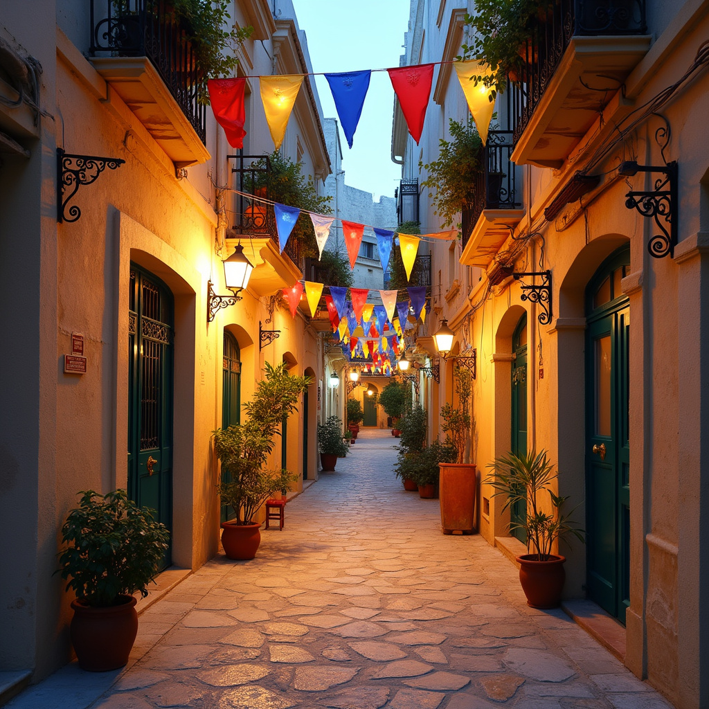 Uliczka w Senglea ozdobiona flagami i oświetleniem w czasie festy