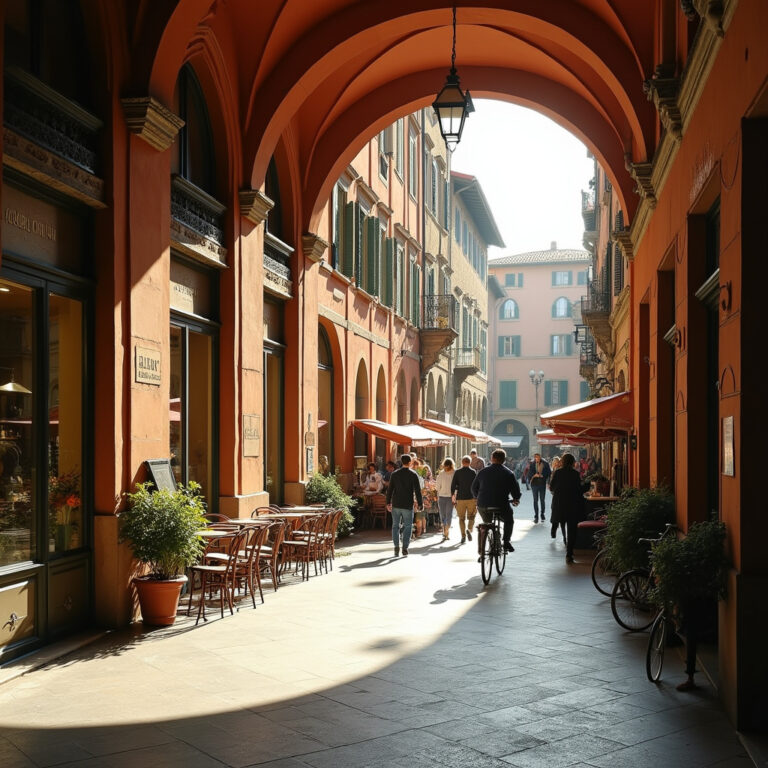 Ulica w Bolonii z widokiem na portyki i lokalne kawiarnie