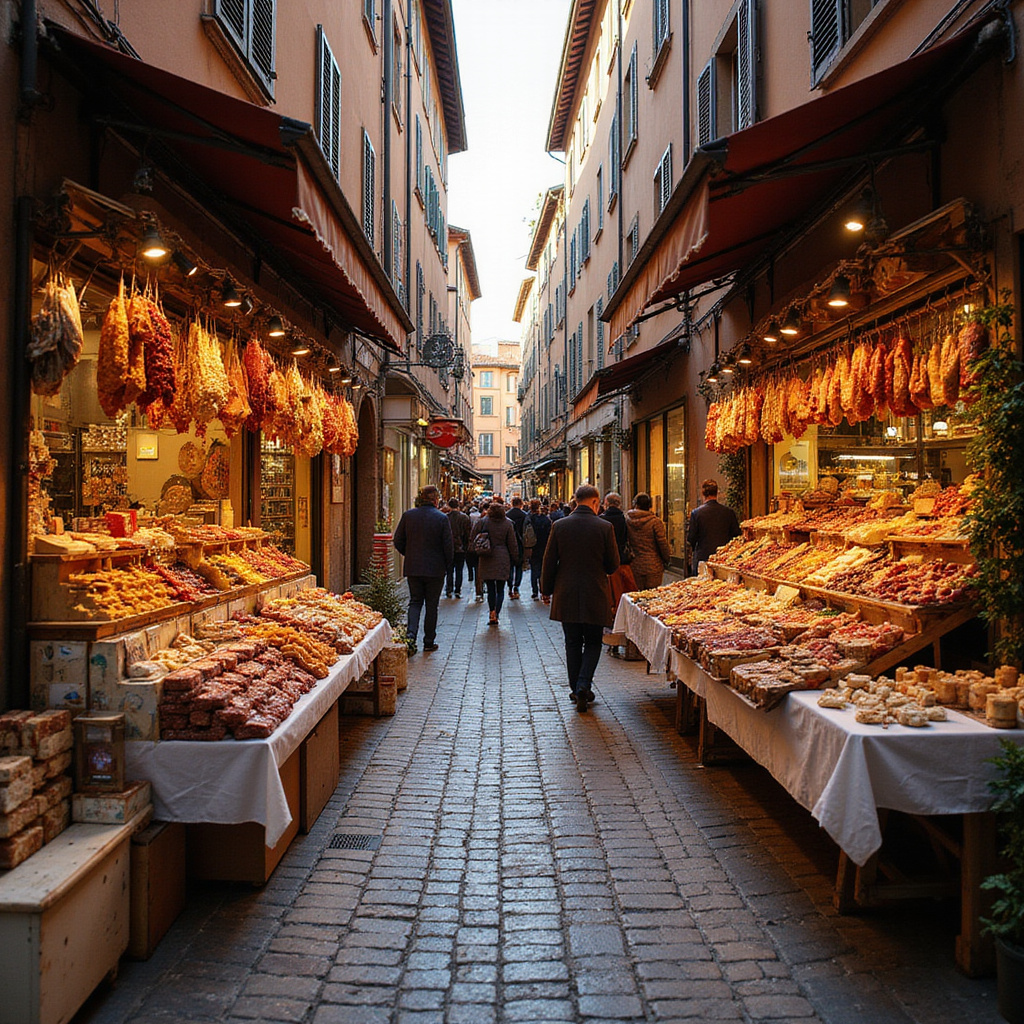 uliczka w Bolonii z widocznymi straganami z włoskimi wędlinami i serami