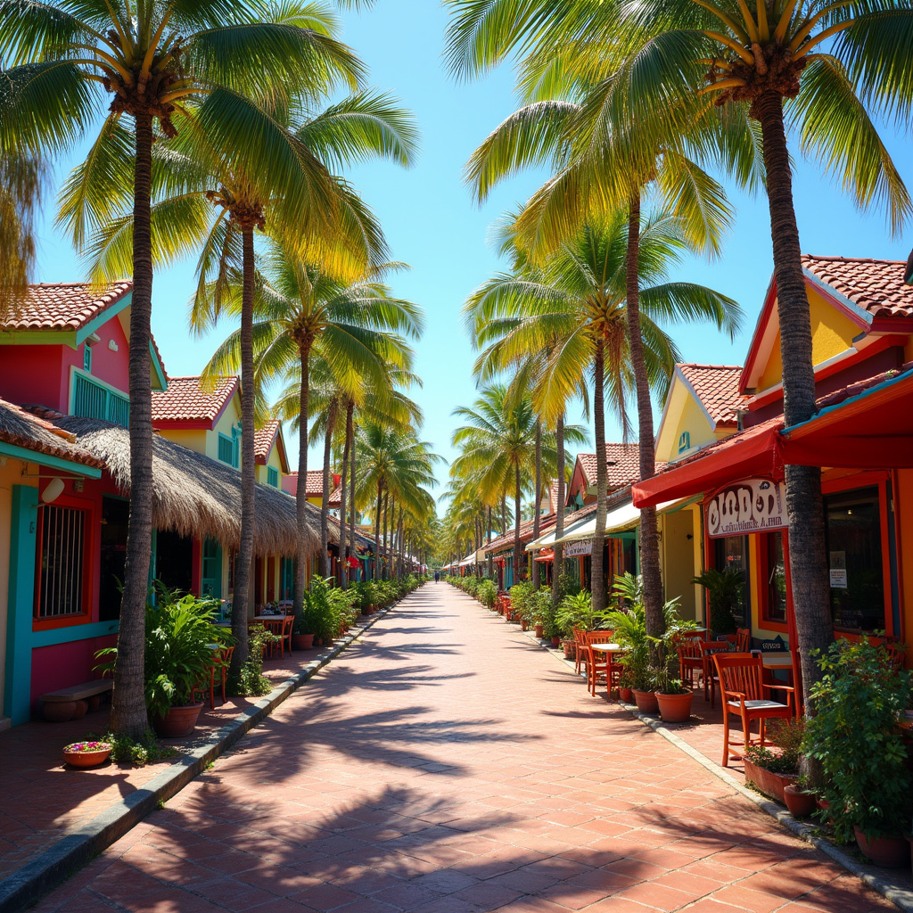 Ulica w Cabarete z kolorowymi restauracjami i palmami