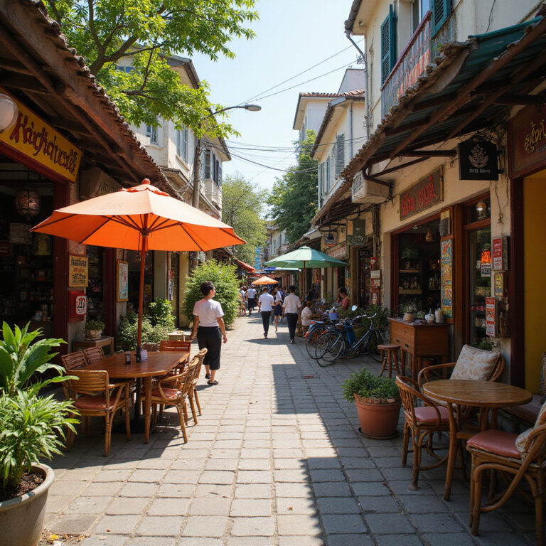 Widok na ulicę w Da Nang z lokalnymi sklepikami i kawiarniami, idealne miejsce na samodzielną podróż