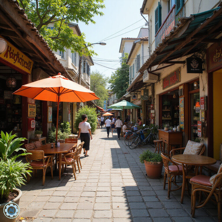 Widok na ulicę w Da Nang z lokalnymi sklepikami i kawiarniami, idealne miejsce na samodzielną podróż