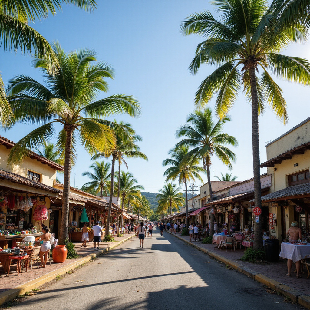 Ulica w Las Terrenas z lokalnymi straganami i palmami