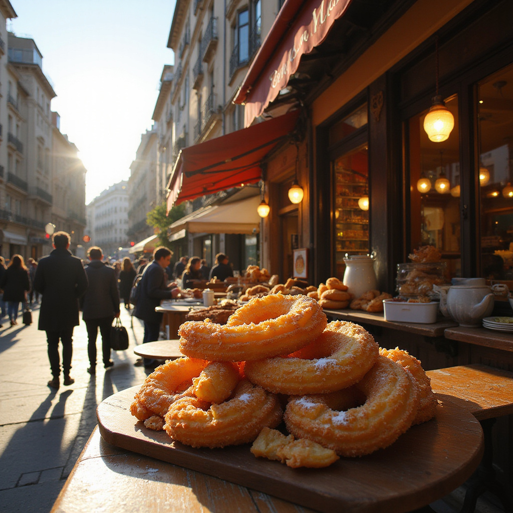 Ulica w Madrycie z lokalną churrería w tle