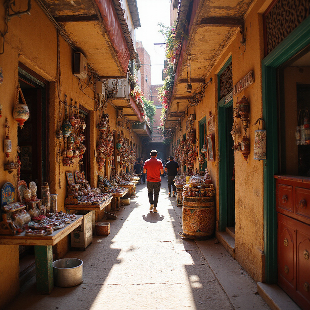 Uliczka w medynie z widocznymi straganami i lokalnymi produktami