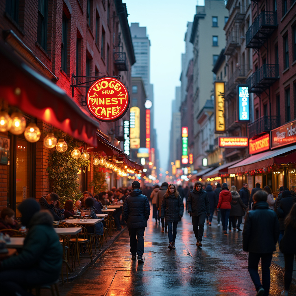 Ulica w Nowym Jorku z kawiarniami i tętniącym życiem