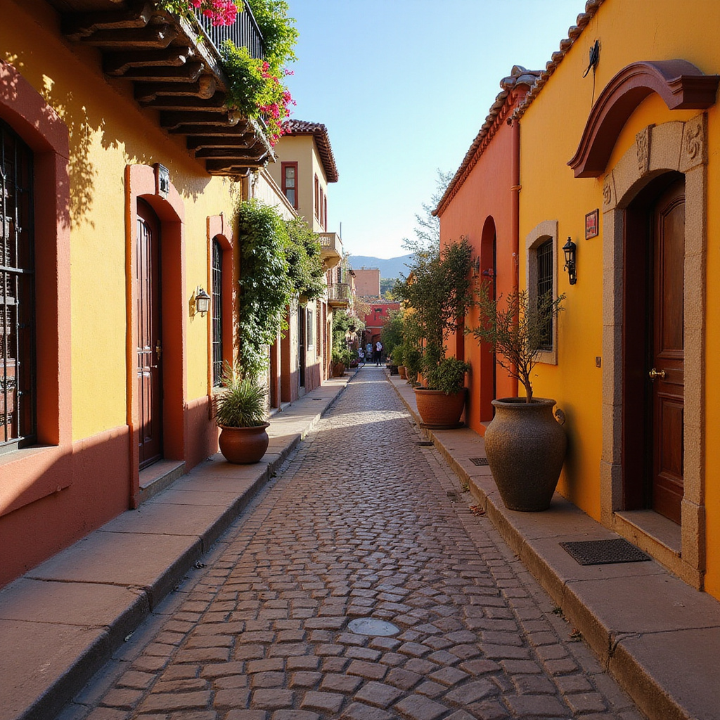 Uliczka w San Miguel de Allende prowadząca do Mirador, kolorowe domy i brukowana nawierzchnia