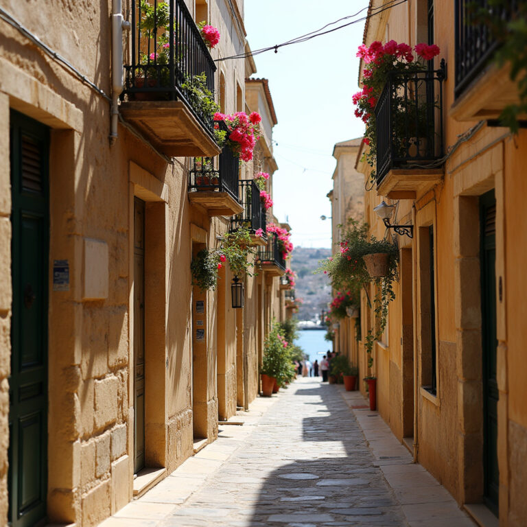 Uliczka w Senglei z widokiem na Grand Harbour i tradycyjne maltańskie balkony