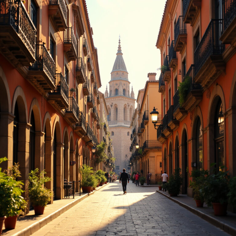 Ulica w Sewilli z widokiem na Giralda, słoneczna atmosfera
