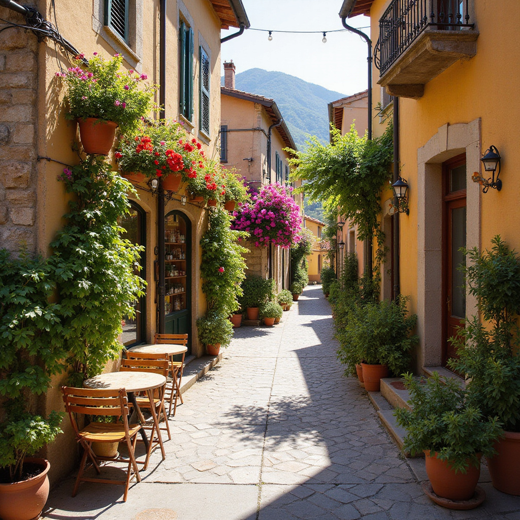 Urokliwa uliczka w Valeggio sul Mincio z widokiem na lokalną trattorię