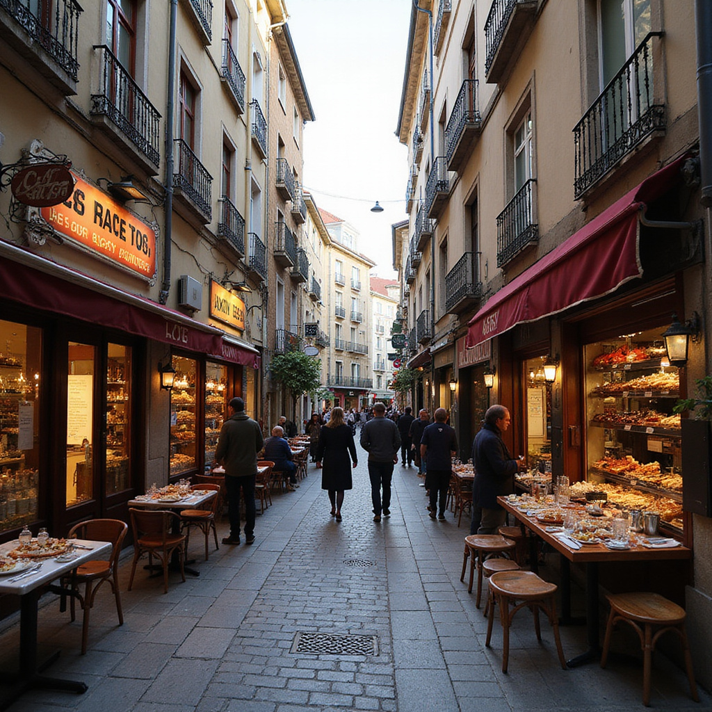 Uliczka w San Sebastián z barami pintxos, tętniąca życiem i aromatami