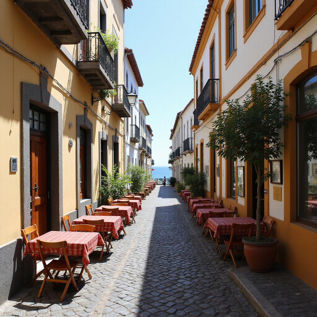 Uliczka w Funchal z lokalnymi restauracjami i widokiem na ocean, gdzie spróbujesz tradycyjnej kuchni Madery