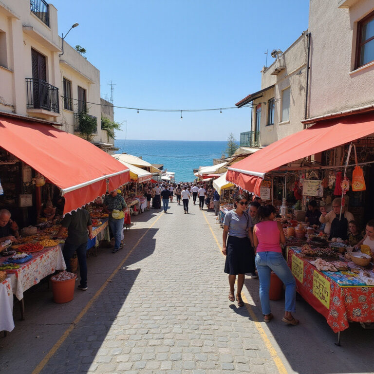 Ulica w Hammamet z kolorowymi straganami i widokiem na morze