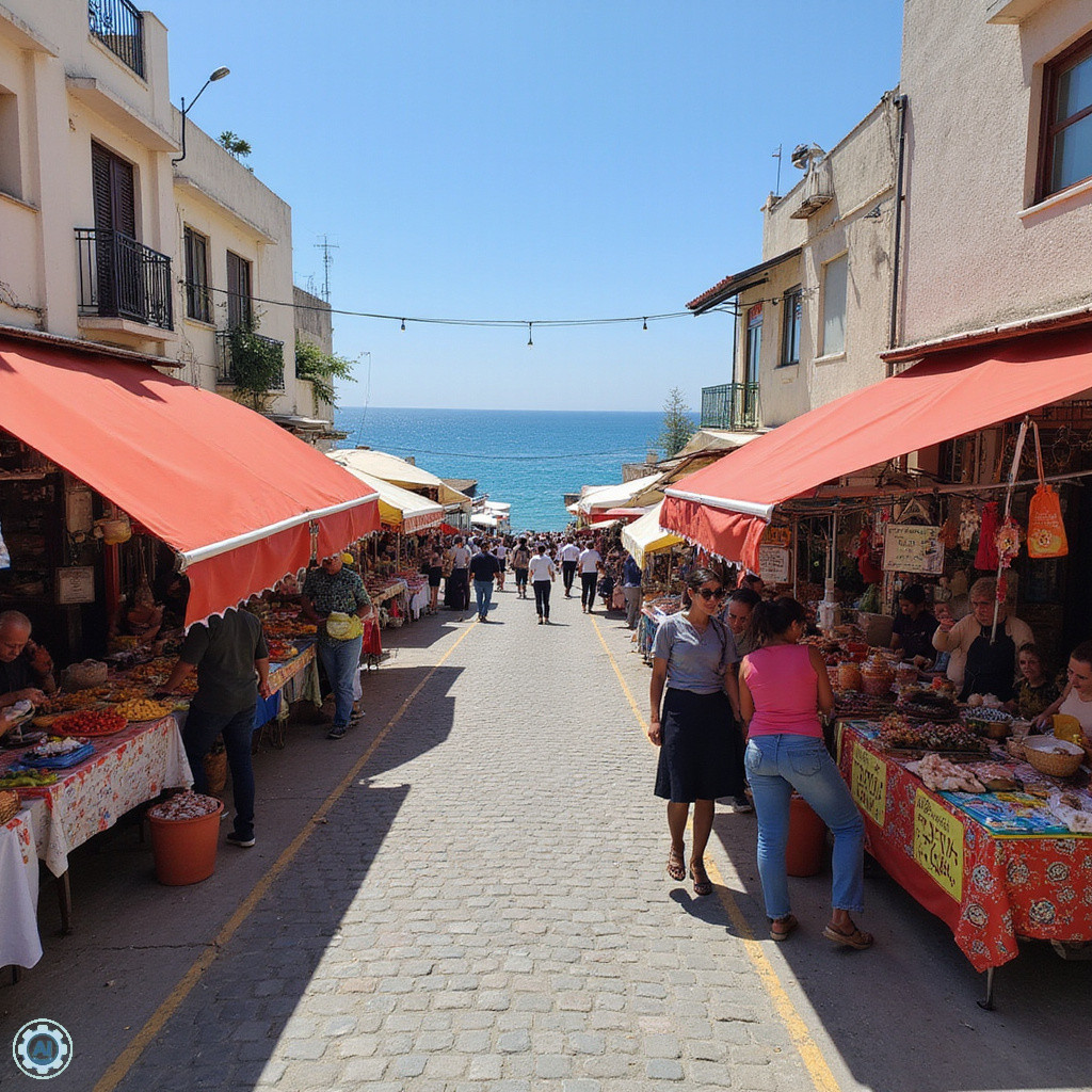 Ulica w Hammamet z kolorowymi straganami i widokiem na morze