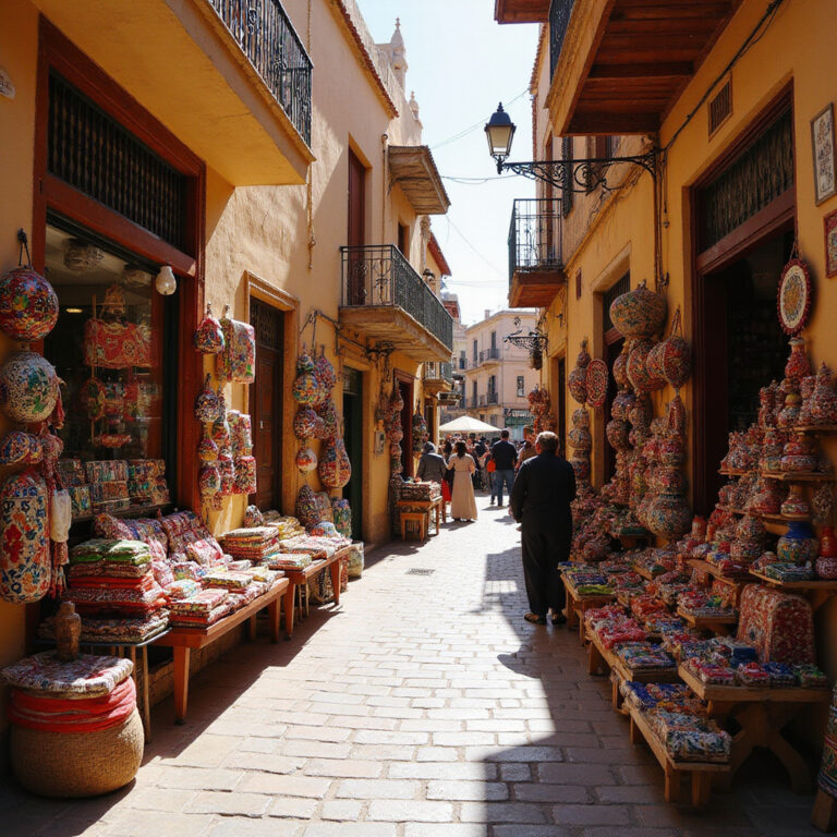 Uliczki medyny w Rabacie z kolorowymi straganami i lokalnymi produktami